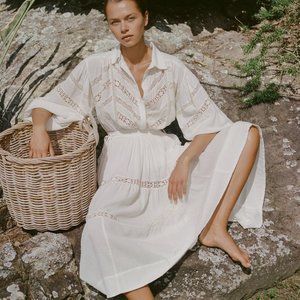 Chloe Chevron Balloon Sleeve Midi Dress - Ivory